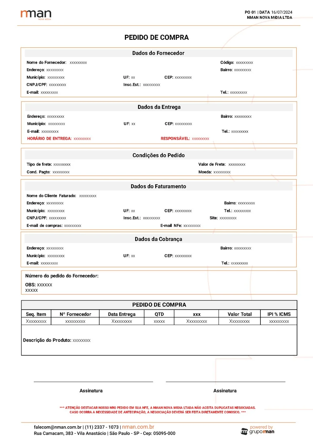 NMAN, formulário de pedido de compra